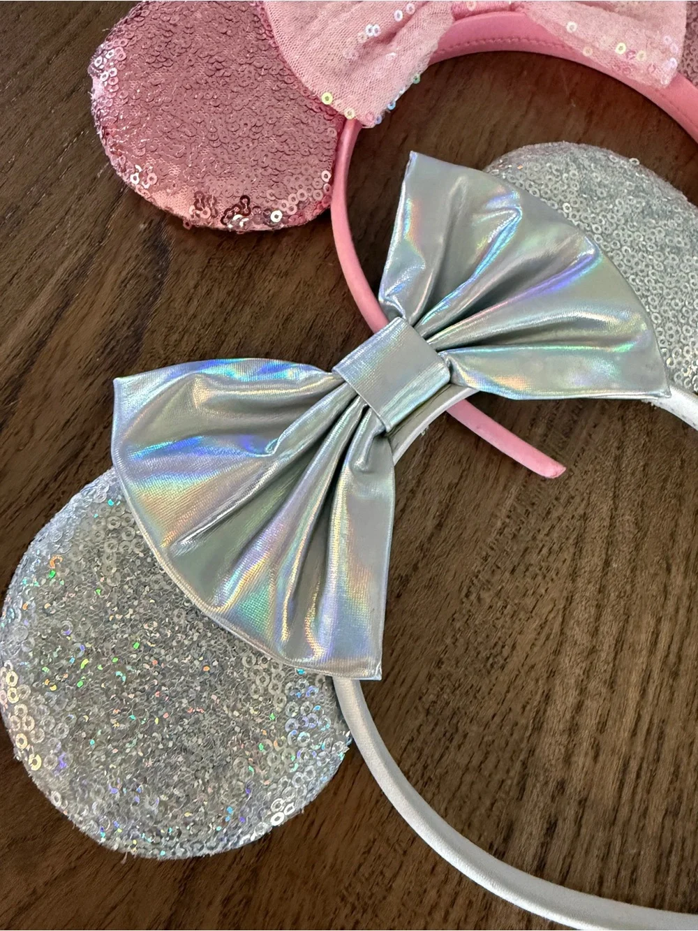 Pink and Silver Sequin Mouse Ear Headbands with Bow - Women's Accessory